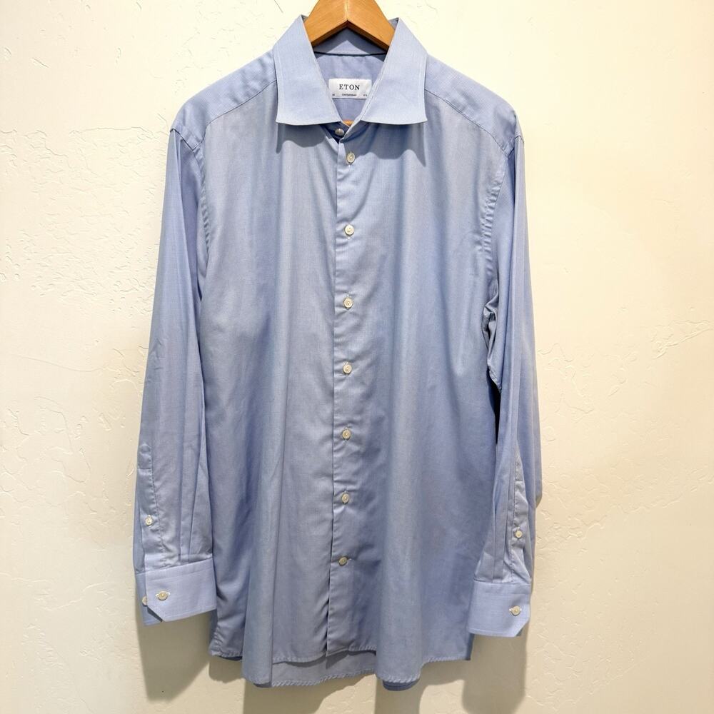 Eton Contemporary Blue Mini Houndstooth Button Up Shirt 44 - 17 1/2 Long Sleeve